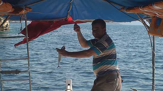 Taxiboot nach Kaunos, der Kapitän hat eine Makrele gefangen