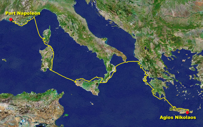 2015, unsere Route von Agios Nikolaos auf Kreta nach Port Napoleon im Rhonedelta